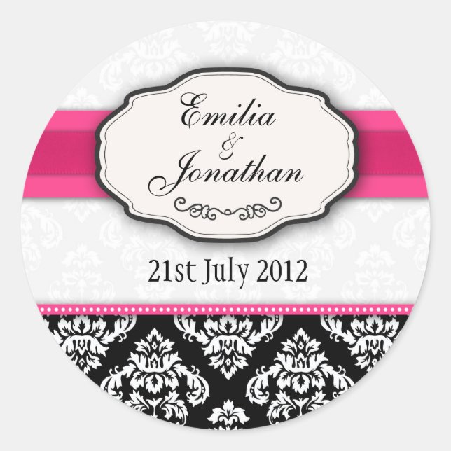 Rond Sticker Mariage de monogramme noir et blanc Damask (Devant)