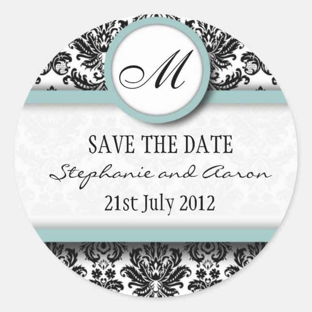 Rond Sticker Mariage de monogramme noir et bleu Damask (Devant)