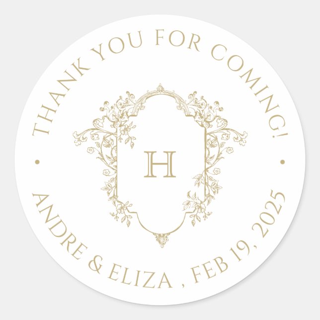 Rond Sticker Mariage de Monogramme Or Floral (Devant)