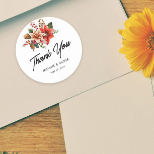 Rond Sticker Mariage élégant en Merci avec Poinsettia