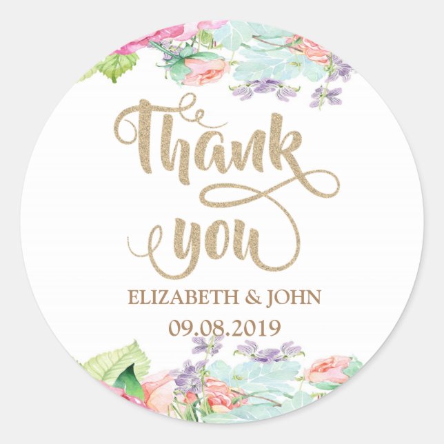 Rond Sticker Mariage Elégant Fleurs d'Aquarelle (Devant)