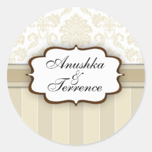 Rond Sticker Mariage en bande de Damas beige