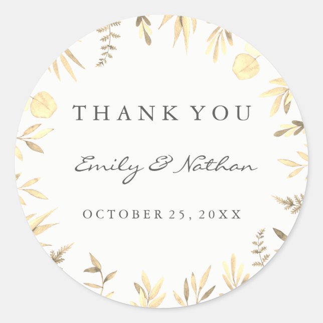 Rond Sticker mariage en Merci feuille or (Devant)