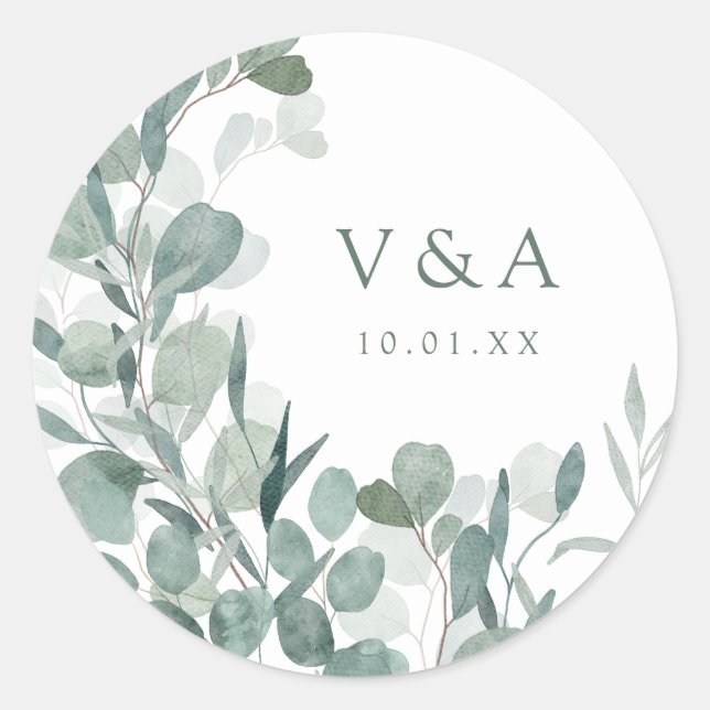Rond Sticker Mariage Eucalyptus vert (Devant)