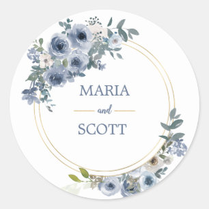 Rond Sticker Mariage floral bleu-blanc Dusty