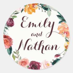 Rond Sticker Mariage Floral Or Bourgogne