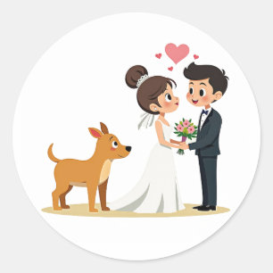 Rond Sticker Mariage jumelé couple et chiot