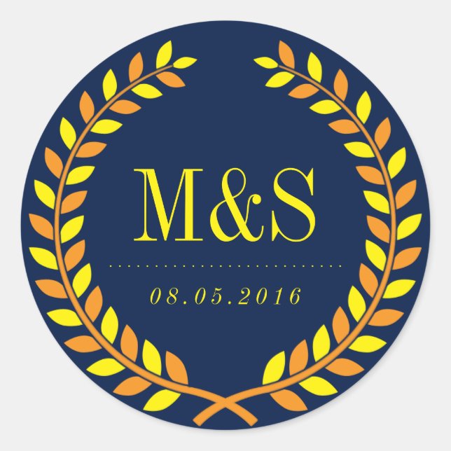 Rond Sticker Mariage Laurel Wreath Marine bleu et jaune (Devant)