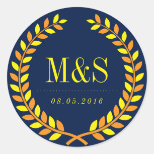 Rond Sticker Mariage Laurel Wreath Marine bleu et jaune