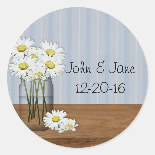 Rond Sticker Mariage Mason Jar Daisies (Devant)