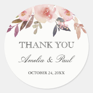 Rond Sticker Mariage Merci rose Aquarelle Peonies