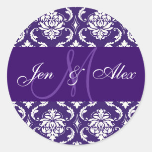 Rond Sticker mariage Monogram Purple Damask