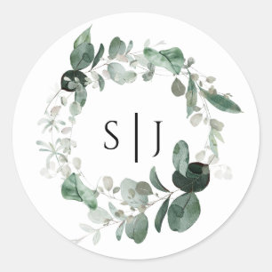 Rond Sticker Mariage Monogramme blanc vert moderne
