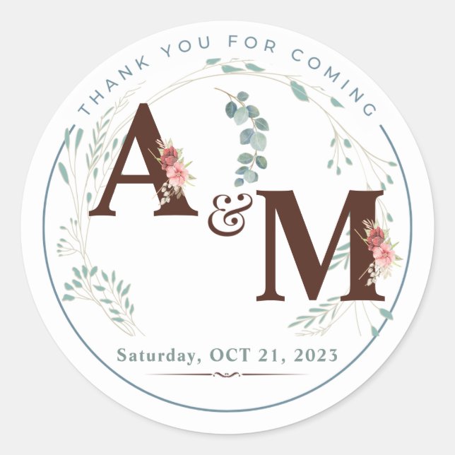Rond Sticker Mariage Monogramme Eucalyptus (Devant)