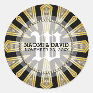Rond Sticker Mariage Monogramme Or Art Déco élégant