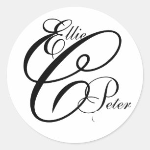 Rond Sticker Mariage Monogramme trois lettres et noms