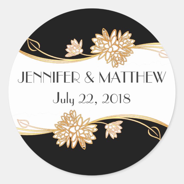 Rond Sticker Mariage noir, blanc et or intemporel (Devant)