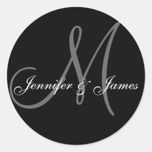 Rond Sticker Mariage noir et blanc monogramme élégant