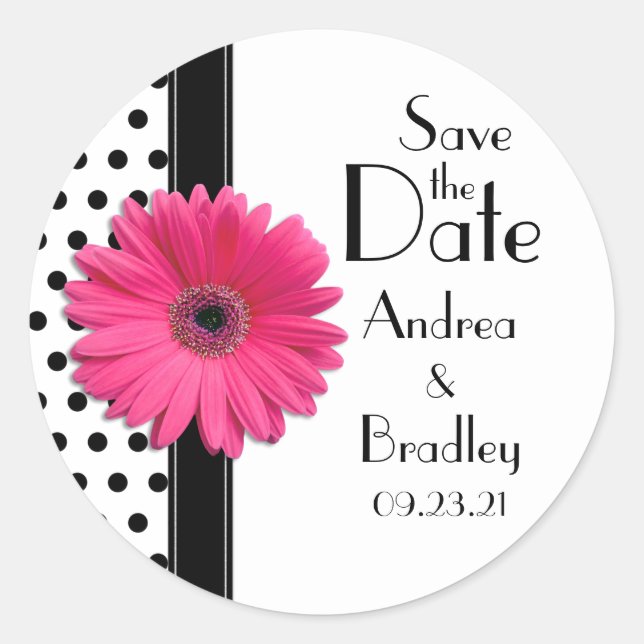 Rond Sticker Mariage Pink Daisy Black White Polka (Devant)