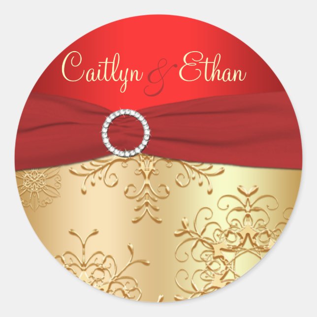 Rond Sticker Mariage pour les flocons rouges et or (Devant)