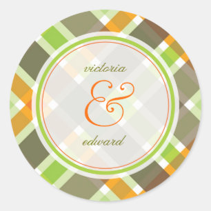 Rond Sticker Mariage rétro Orange Green Plaid Checks