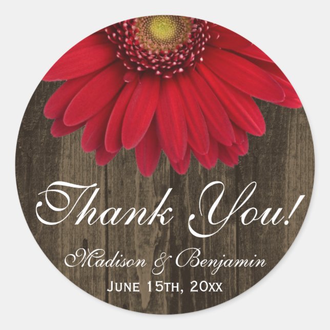 Rond Sticker Mariage Rustic Red Gerber Daisy (Devant)