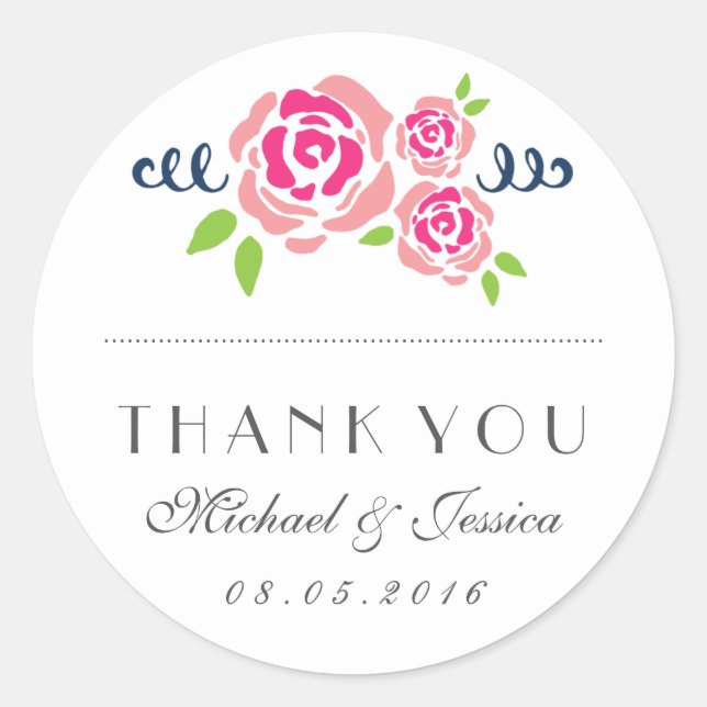 Rond Sticker Mariage Rustique Rose Roses (Devant)