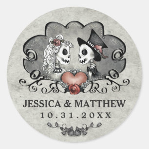 Rond Sticker mariage - Skeletons noir et gris & Coeur