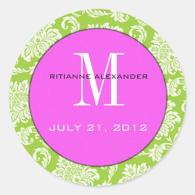 Rond Sticker Mariage vert Damask rose Monogram (Devant)