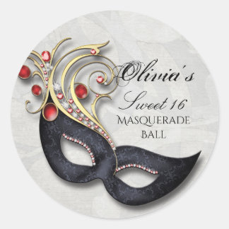 Rond Sticker Masquerade Sweet 16 avec Rouge et Or