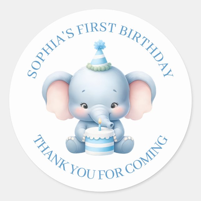Rond Sticker Merci d'anniversaire bleu mignon (Devant)