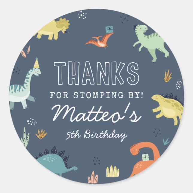 Rond Sticker Merci d'anniversaire de Dinosaur mignon (Devant)