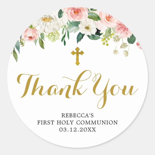 Rond Sticker Merci de première communion rose floral fi (Devant)