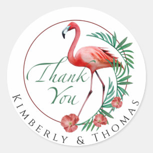 Rond Sticker Merci Flamant rose Fleurs d'oiseaux