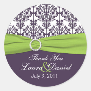Rond Sticker Merci Lime et pourpre Damask