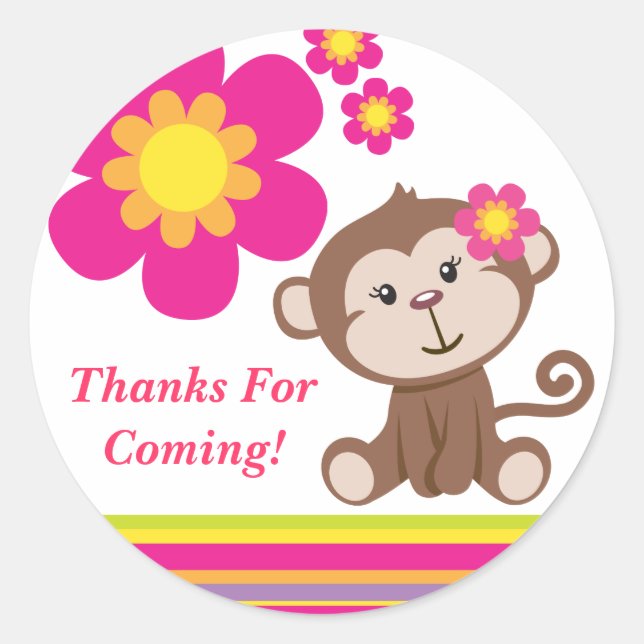 Rond Sticker Merci pour fille singe (rose) (Devant)