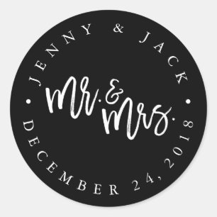 Rond Sticker moderne blanc noir M. et Mme Mariage