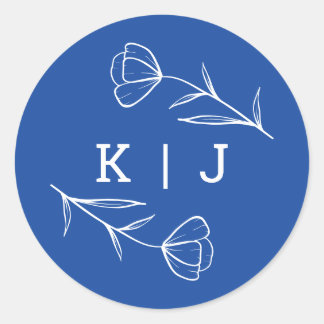 Rond Sticker Monogram Mariage fleur sauvage à Cobalt