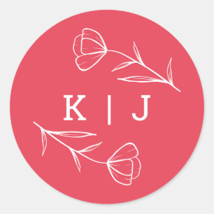 Rond Sticker Monogram Mariage fleur sauvage en Rose