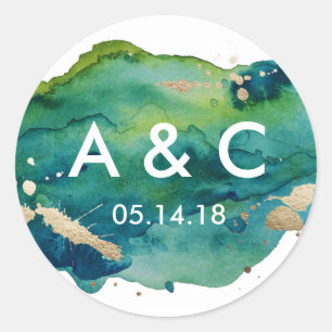 Rond Sticker Monogramme Blue Green et Gold Splatter
