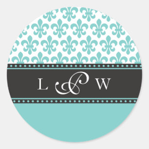 Rond Sticker Monogramme Mariage turquoise Fleur de lis