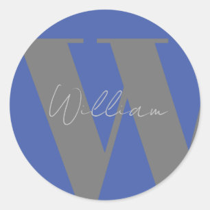 Rond STICKER Monogramme nom bleu gris élégant