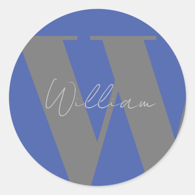 Rond STICKER Monogramme nom bleu gris élégant (Devant)