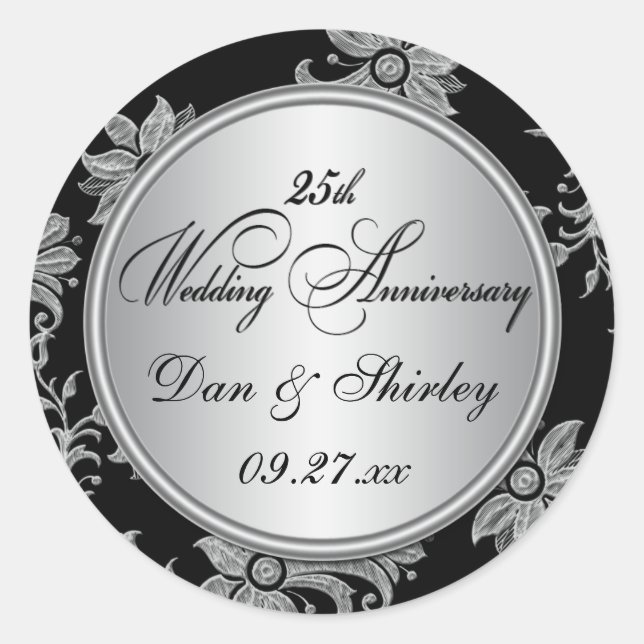Rond Sticker noir, argent 25ème Mariage Anniversaire (Devant)