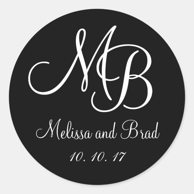Rond Sticker Noir Blanc Double Monogrammes Mariage Favo (Devant)