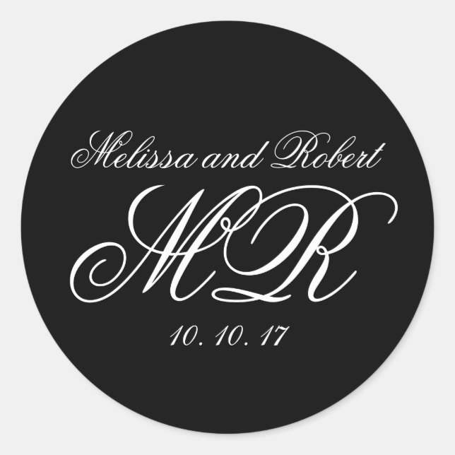Rond Sticker Noir Blanc Script Monogrammes Mariage Favo (Devant)