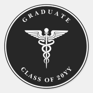 Rond Sticker noir de graduation Caduceus de texte perso
