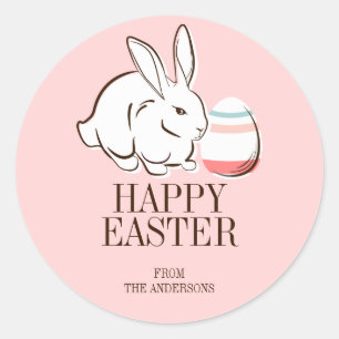 Rond Sticker Pâques Rose lapin et Oeufs Joyeux Sticker 