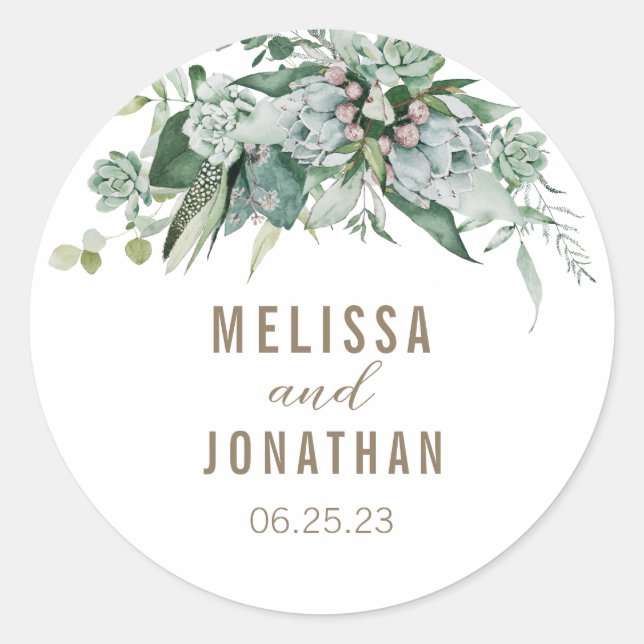 Rond Sticker personnalisé de mariage de jardin succulen (Devant)