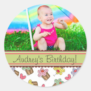 Rond Sticker photo d'anniversaire pour fille de cerise